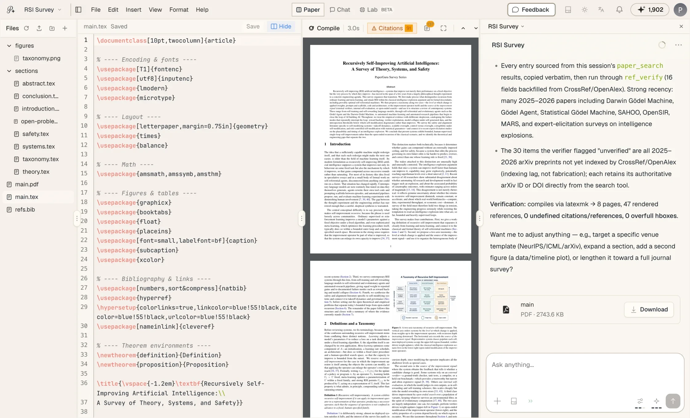 PaperGuru research desktop app with project files, a LaTeX editor, live PDF preview, and an AI research assistant